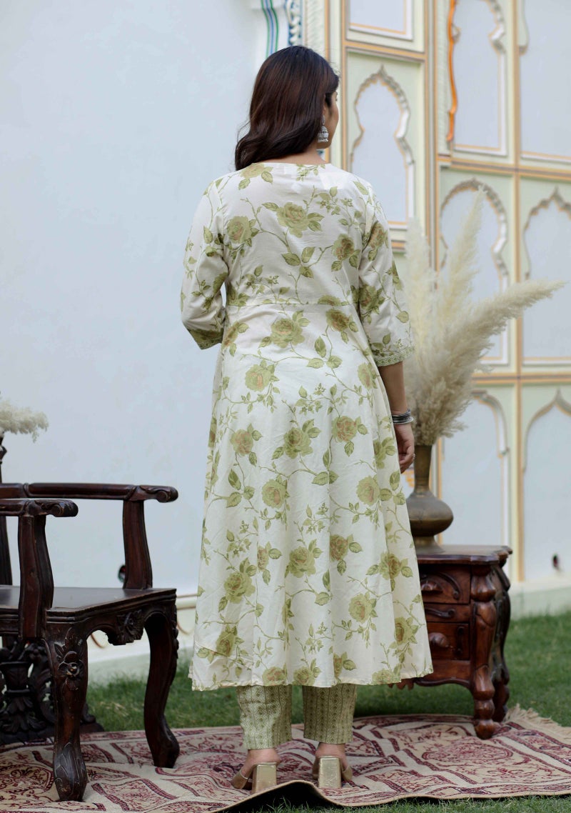 Miravan Floral Print Green Anarkali Kurta & Palazzo Set for Women - Image 3